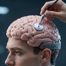 man implanting the neuralink chip on his brain, photorealistc, hd, detailed