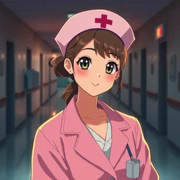 a film still of a cute nurse in pink coat and nurse hat, hospital ward, sunset lighting, perfect faces, max details, anime, realistic, by stephan koldi
