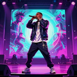rapper performs on stage, digital art, vapor wave, hip hop, tron, trending on Artstation, professional artist, detailed, 4k