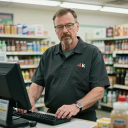 realistic still of walter white working as a convenience store worker at checkout, 4 k, 8 5 mm, focal length 2, comedic composition