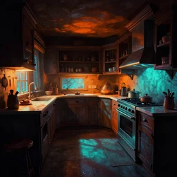 curved perspective digital art of a dark!!!!!! kitchen from Tim Burtons Nightmare Before Christmas by Petros Afshar, orange light, cyan shadows