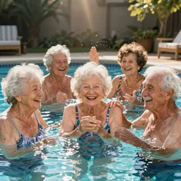 a pool filled with happy old people