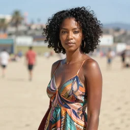 portrait photograph of an elegant black woman wearing a sundress in Santa Monica. super resolution. 85 mm f1.8 lens.bokeh.graflex. Alessio albi