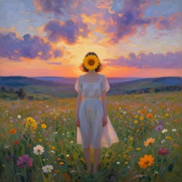 girl with a flower face, surreal portrait, bizzare, dreamlike, standing in flower field, in a valley, sunrise dramatic light, impressionist painting, colorful clouds, artstation, simon stalenhag