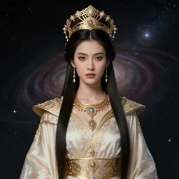 portrait of the powerful empress of the solar system in the style of luis royo and in the style of kim jung gi. glowing, ornate and intricate linework, stunning, dynamic lighting, ultrafine and hyperdetailed.