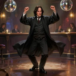Severus Snape is dancing in a disco bar, full body, highly detailed, digital painting, artstation