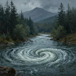 a river in the foreground with a whirlpool, in the background a forest and mountains, rain. horror atmosphere, realism, oil painting