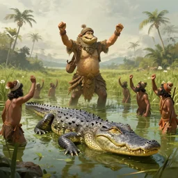 peasants praise the alligator god who rises out of a swamp. fantasy art by michael whelan. trending
