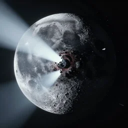alien beam slashing into moon annihilating it, hd, octane render, dark tint, cosmic scary, debris spread, ultra big explosion