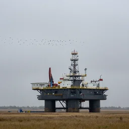 stormy, misty skies, a flock of birds hover over a huge oil platform on the prairie, by craig mullins