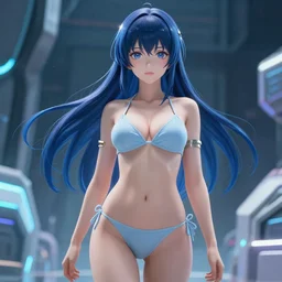 beautiful anime woman, photo realistic, futuristic, in a bikini