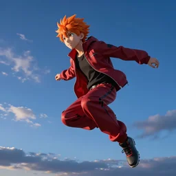 orange - haired anime boy, 1 7 - year - old anime boy with wild spiky hair, wearing red jacket, flying through sky, ultra - high jump, late evening, blue hour, cirrus clouds, ultra - realistic, sharp details, subsurface scattering, blue sunshine, intricate details, hd anime, 2 0 1 9 anime