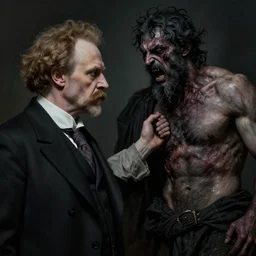 ultra realistic art nietzsche looks at the most disgusting man in the world killing god, deep shadows, deep color, muted gamma, slightly dark colors, cinematic lighting, super detailing, digital art, 8 k resolution, sharp focus, quality rendering, a masterpiece