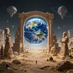 ancient times on alien planet landscape, portal to earth