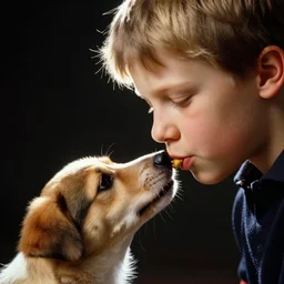 a extreme close - up photo, color studio photographic portrait of a russian kid feeding his little dog, dramatic backlighting, 1 9 9 3 photo from life magazine,