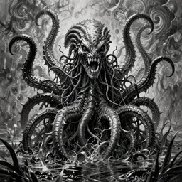 black and white, highly detailed, tentacles and teeth horror rising out of swamp, sharp focus, illustration, unreal engine 5, 8 k, art by artgerm and greg rutkowski and alphonse mucha