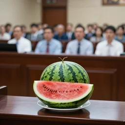 4 k photograph of a watermelon sitting behind a courtroom desk testifying in court | a crowd of people sitting behind it