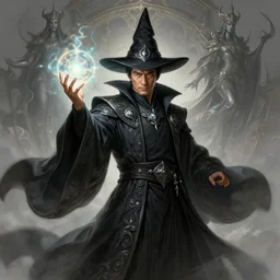 a highly detailed illustration of Tony Leung Chiu-wai as wizard wearing ornate black robe and mage hat, dramatic wielding glowing orb pose, with guardian angle floating behind him, intricate, elegant, highly detailed, centered, digital painting, artstation, concept art, smooth, sharp focus, league of legends concept art, WLOP