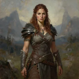 a full body high detail fantasy portrait oil painting illustration of beautiful maya hawke as a rugged stoic barbarian woman by justin sweet with face and body clearly visible, in a scenic background, pupils visible, realistic proportions, d & d, rpg, forgotten realms, artstation trending, high quality, sombre mood, artstation trending, muted colours, entire person visible!, natural light,