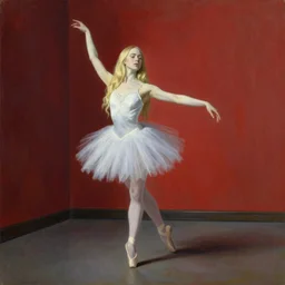 Painting of Elle Fanning as a ballerina in a red room, long blonde hair, delicate, pale milky white porcelain skin, by Edward Hopper. 8K. Extremely detailed.