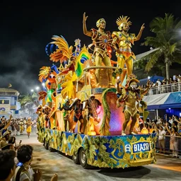 Brazil Carnival Floats, floats carnival, party, cinematic lighting, dramatic atmosphere, by Dustin Nguyen, Akihiko Yoshida, Greg Tocchini, Greg Rutkowski, Cliff Chiang, 4k resolution, trending on artstation