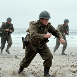 Film still of Ian McKellan as a soldier storming beaches of Normandy in Saving Private Ryan