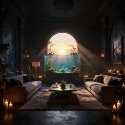 videogame screenshot of a very dark dreamy luxury flooded aquarium maximalist living room, candlelight, sunset glow, dark shadows, god rays, chiaroscuro, backlit, octane render, volumetric lighting, raytracing, symmetrical wide shot low angle