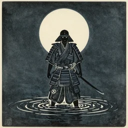 old printmaking woodblock print of a samurai (in the middle of the composition, centered) with a katana standing in water with ripples around him, a big sun above. beautiful dark fantasy, 8k detail