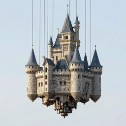castle floating hanging by cables and chains, by beeple, justin gerard