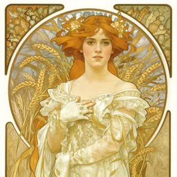 a detailed, intricate art nouveau portrait of a young bride who resembles a teenage saoirse ronan and emma watson, in a field of grain, by william adolphe bougereau, john williams waterhouse, alphonse mucha, and donato giancola
