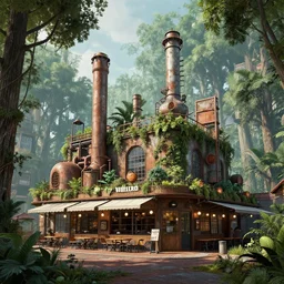 a beautiful photorealistic render of city industrial architecture nature architecture tavern by ron walotsky, vaporwave forest, archdaily, wallpaper, highly detailed, trending on artstation.