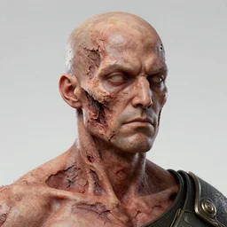 a perfect colour portrait of a warlord. his skin is contracting rapidly and ripping. leaking pva glue from the fissures in his stressed, agonising distressed glowing skin. brightly lit studio lighting