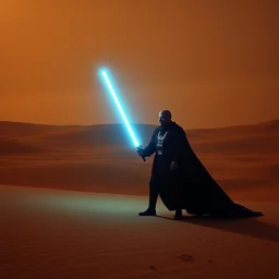 emperor palpatine in the desert of tatooine, film still, wide shot, heat, desert, sci fi, epic, dramatic light