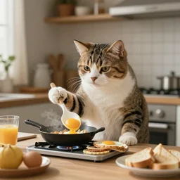 a cute cat cooking a breakfast, highly detailed, masterful, cinematic