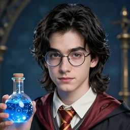 close - ip shot, character portrait, a seventeen years old male!! ravenclaw wizard with shoulders long black, slightly wavy hair, wearing browline!! glasses!!! with a potion bottle!!!, blue shiny lighting, beautiful fantasy art, film still, by artgerm and hayao miyazaki, by rutkowsky, trending on artstation