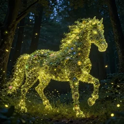 a stunning swarm of fireflies forming a horse with a thick mane of bioluminescent vines and flowers running through the woods by greg rutkowski, high key lighting, volumetric light, digital art, highly detailed, fine detail, intricate, ornate, complex, octane render, unreal engine, photorealistic