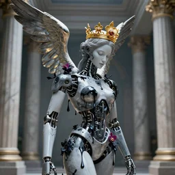 beautiful robot with a gold crown by alex grey + orchids dripping black iridescent liquid, winged victory, moody, dramatic, introspective, marble columns in background, transcendent, vibrant color, clean linework, finely detailed, 4 k, trending on artstation, photorealistic, volumetric lighting, octane render