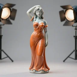 statue of the perfect woman, porcelain, silver, blue soft details, soft!!, dark orange dress ( desgined by apple ), studio photo, octane render, studio lights, 5 0 mm lens