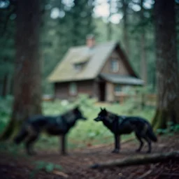 house in the wood, black wolf guarding, pinhole analogue photo quality, blur, unfocus, cinematic, 3 5 mm