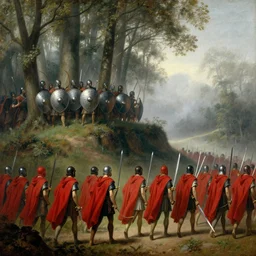 soldiers with shields and swords and bows! hiding behind trees! on an elevated hill in a! misty, foggy! forest looking down on a army of gladiators with red capes, walking on a path through the forest below them.! shiny swords, well equiped. painting by eugene de lacroix, 4 k, realistic, anatomically correct, beautiful