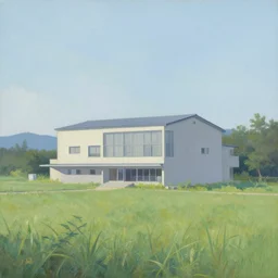 a beautiful painting of a building in a serene landscape by Shingo ‘Shichigoro’ Matsunuma