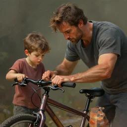 A father fixing his son's bicycle, digital painting, artstation, concept art, Craig Mullins, Breathtaking, 8k resolution, extremely detailed, beautiful, establishing shot, artistic, hyperrealistic, octane render, cinematic lighting, dramatic lighting, masterpiece, light brazen, extremely detailed and beautiful face