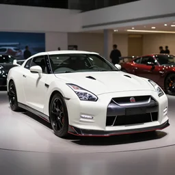 105mm photograph f1.8 full view mid distance front side view white Nissan GT-R showroom beautiful lighting from 2015