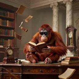 long shot, whole room view, orangutan with sunglasses sitting on antique desk, holding opened book using his feet, books flying from small bookshelves, grandfather clock, tall marble columns in the background, epic, master, illustration, detailed, concept art, by josh kirby, dynamic lighting, octane render, 4 k