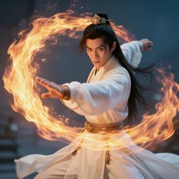 Fire bending male emperor, epic, photorealistic, action shot, epic lighting