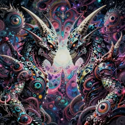 a mad chaotic monster with two sharp heads that look sternly at each other, it has several eyes and scales on the misshapen body, psychedelic cosmic horror
