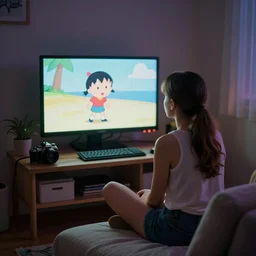 90's Professional Color Photography, Nikon, A girl watching cartoon in her room at night. Summer