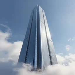 singular!!! cyberpunk skyscraper rising to a cloud clear sunny day. lateral view showing the building from top to bottom. dynamic perspective, sharp focus, crisp lines, surrealism, concept art by dom qwek, trending on cg society, neofuturism, futuristic, volumetric lighting, aesthetic. digital matte painting