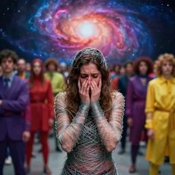 an anxious woman wrapped in wire, surrounded by a crowd of colorfully dressed people, a background of exploding nebulas, by vincent desiderio