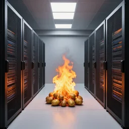 studio photo still of a server room filled with flaming potatoes, on fire, 8 k, studio lighting, overhead lighting